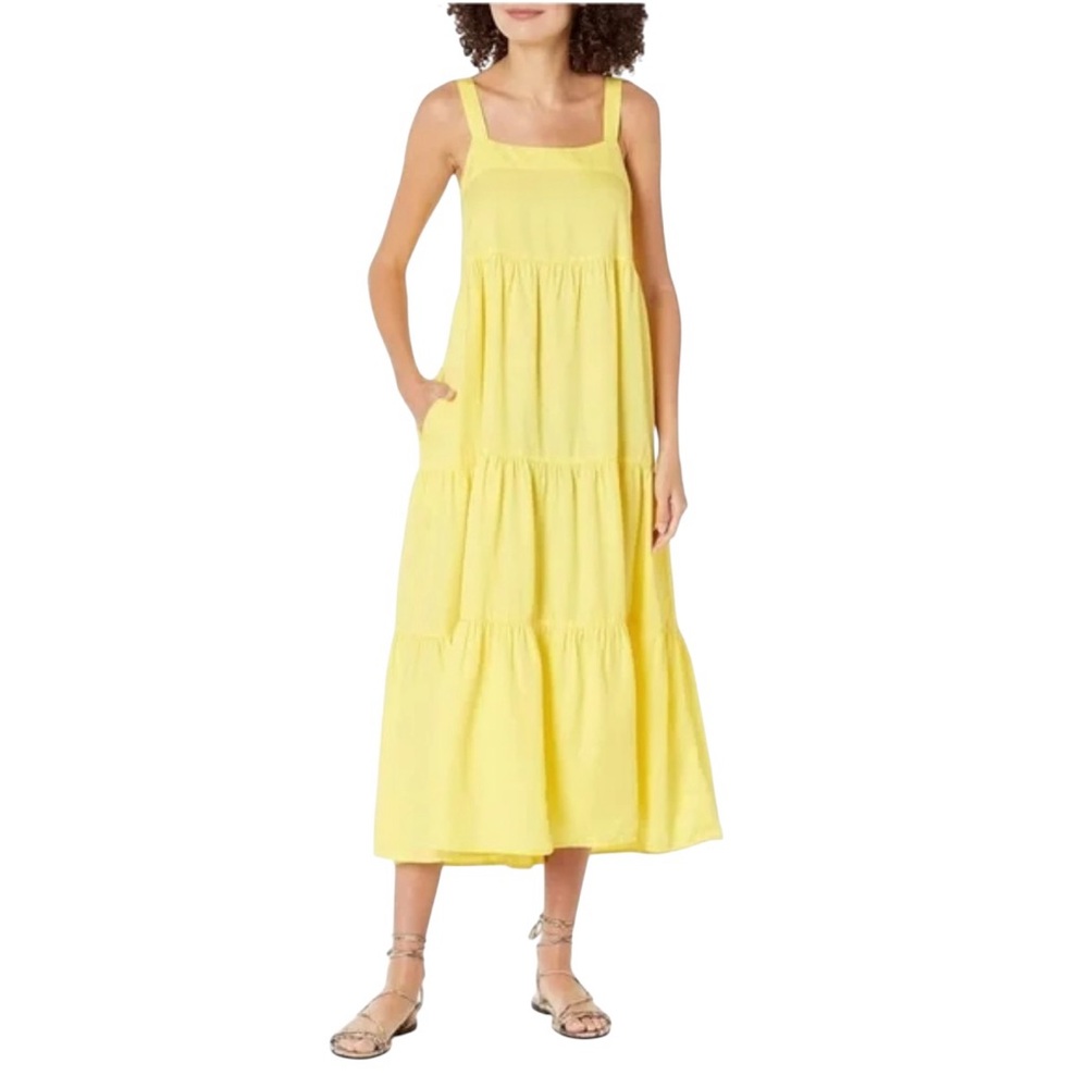 The Drop Britt Dress Lemon NWT Womens Small Tiered Maxi Dress Pockets Adjustable